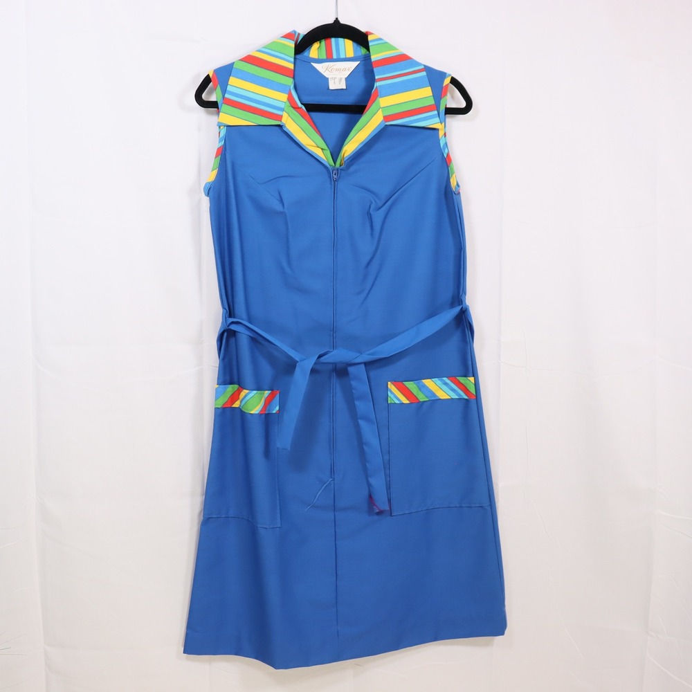 Komar Zip Front Dress Small Blue Womens Striped Trim Vintage Housecoat